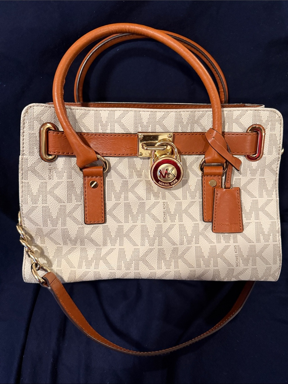 Michael Kors Cream Logo Satchel with Brown Trim and Gold Hardware